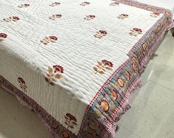 Anokhi Indian Jaipuri Handblock Print Quilttryckt Vändbar Razai Cotton Handgjord blomtäcke, Unikt Jaipuri razai Överkast Täcke