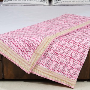 Jaipuri Block Print Quilts for Home Decor, Beautiful Pink Hand Block Print Cotton Razai, Indian Reversible Quilts, Jaipuri Razai Soft Quilt