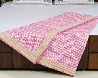 Jaipuri Block Print Quilts for Home Decor, Beautiful Pink Hand Block Print Cotton Razai, Indian Reversible Quilts, Jaipuri Razai Soft Quilt