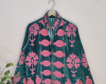 Velvet Suzani Embroidered Jacket: Handcrafted Floral Design, Handmade Suzani Kantha Boho Embroidered Velvet Jacket | Handmade Floral Coat