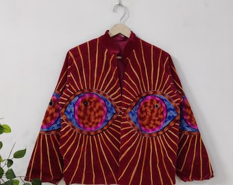 Velvet Suzani Embroidered Jacket : Bohemian Artisanal Coat, Eye Embroidery Suzani Jacket Bohemian Handmade Festival & Artistic Suzani Jacket