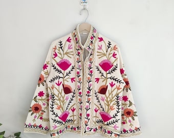 Samt Suzani Handstickerei Jacke Mantel, weiße Frauen tragen Winterjacken, Brautjungfer Geschenk, Winterjacke, Kimono Robe, Brautjungfer Jacken
