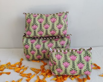 Set of 3 Makeup Pouch, Makeup Bag, Skincare Bag, Floral Bag, Cosmetic Pouch Cotton Block Printed Bag Makeup Quilted Wash Bag, Shaving Kit