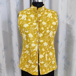 La elección de Etsy Chaleco amarillo con estampado de bloques de algodón vintage hecho a mano de la India Chaqueta con estampado de bloques de algodón Chaleco Abrigo con mangas Chaqueta de algodón sin mangas Regalos