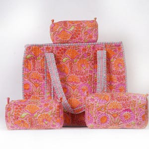 New Floral Block Print Toiletry Bags With Tote Bag Set Of 3 Cotton Cosmetic Bags, Quilted Hand Printed Makeup Bags & Tote Bag, Free Shipping
