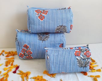 Blue Floral Print Toiletry Bag, Vintage Makeup Bag Travel bag Make up Pouch, Quilted Wash Bag Boho Quilted Pouch for Cosmetic Bag, Woman Bag
