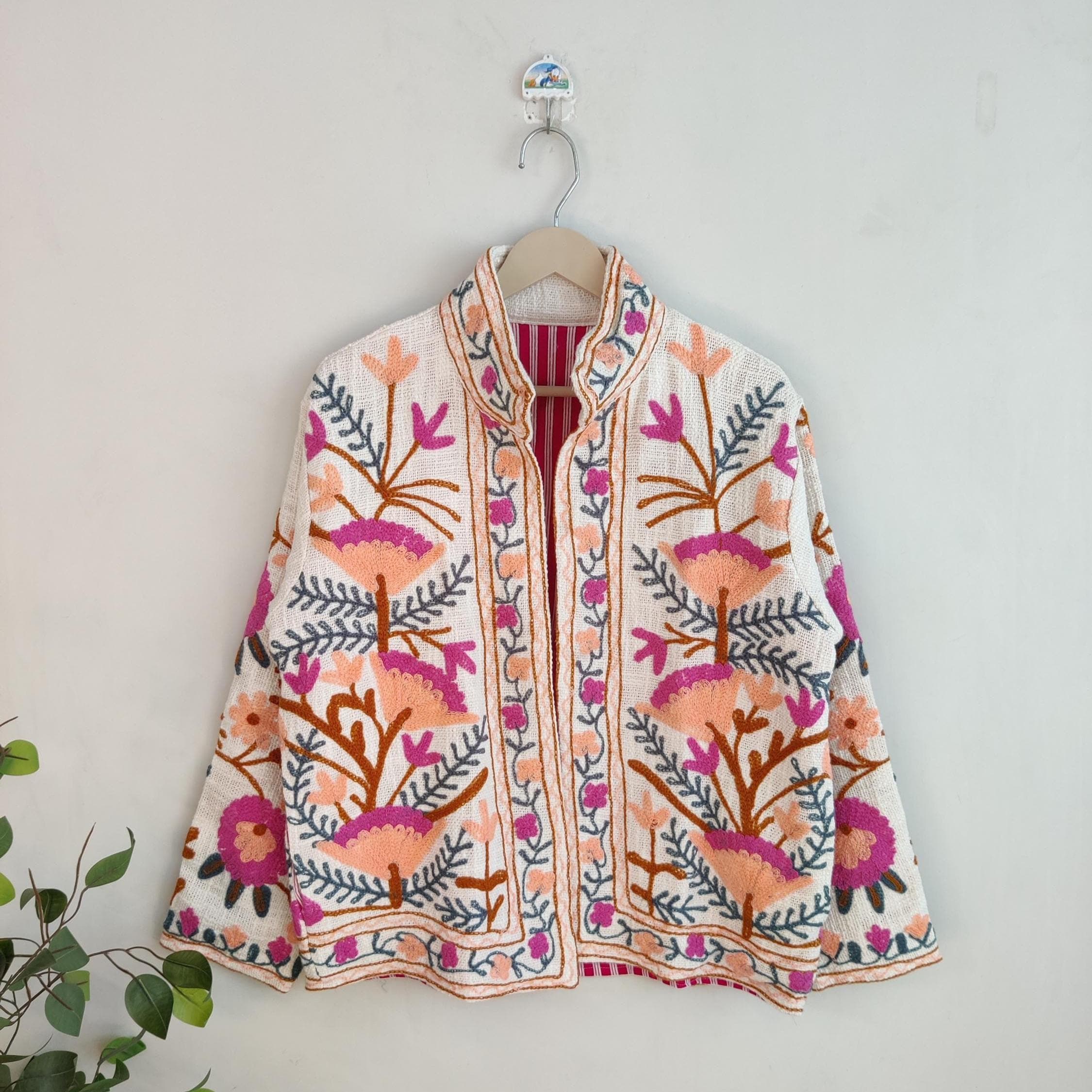 White Suzani Embroidery Jacket, Tnt Cotton Suzani Coat, Winter