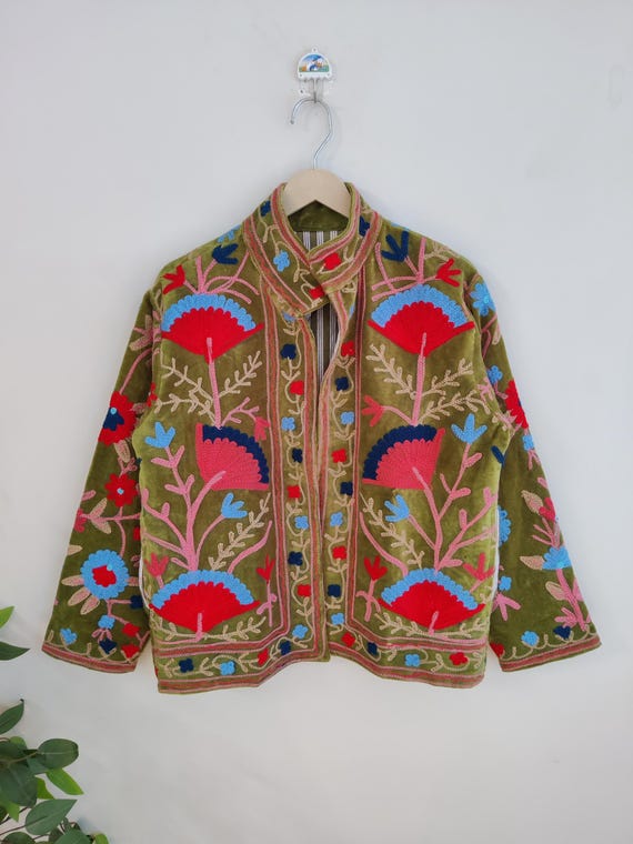Velvet Suzani Hand Embroidery Jacket Coat, Green Women Wear Winter