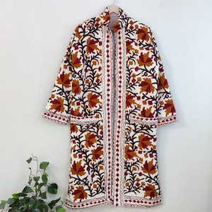 Handmade Boho Long Coat for Women, Long Suzani Embroidered Jacket – Cotton Ethnic Outerwear, Rare Vintage Style Clothing, Long Hippie Coat