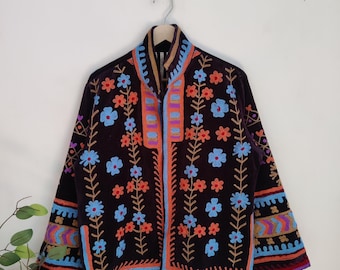 Velvet Suzani Jacket with Stunning Embroidery | Handmade Boho Coat | Festival Statement Jacket | Unique Bohemian Outerwear
