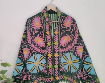 Suzani Embroidered Velvet Kimono Jacket: Handmade Boho Coat, Velvet Suzani Embroidered Jacket | Handcrafted Suzani Coat