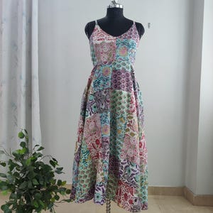 Vestido midi de algodón con estampado de bloques a mano y patchwork, el más vendido, la elección de Etsy, vestido para mujer, vestidos bohemios de algodón para mujer, regalo para San Valentín.