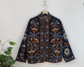 Schwarze Suzani Stickerei Jacke, Tnt Baumwolle Suzani Mantel, Ethnische Unisex Mantel, Suzani kurze Jacke, Hand Suzani Stickerei Winterkleidung Jacke,