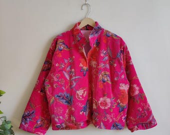 Pink Floral Print Velvet Kimono Robes, Morning Tea Velvet Coat, Bridesmaid Robe, Women Wear Cotton Velvet robe, Velvet Jacket, Bridal Robe