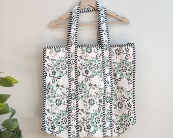 Beautiful Floral Print Quilted Tote Bag, Handmade Unisex Quilted Bag Soft Indian Cotton Tote Bag, Travel Bag, Shoulder Bag, Large Tote Bag