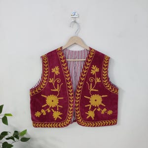 Velvet Cotton Suzani Vest Jacket, Velvet Fabric - Velvet Hand Embroidered Suzani Vest Coat - Bohemian Women Suzani Vest - Embroidered Jacket