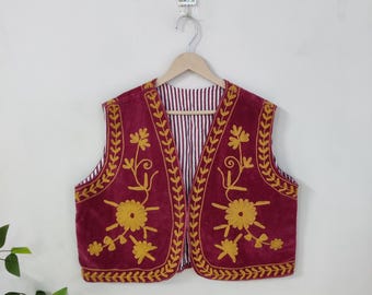 Velvet Cotton Suzani Vest Jacket, Velvet Fabric - Velvet Hand Embroidered Suzani Vest Coat - Bohemian Women Suzani Vest - Embroidered Jacket