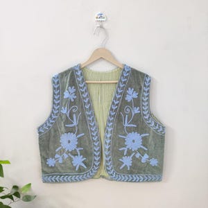 Indian Cotton Velvet Suzani Hand Embroidery Vest Coat, Colorful Ethnic Chic Outerwear for Seasonal Outfits, Perfect Vest Jacket Gift For Her