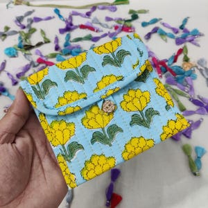 Daily Essentials Mini Purse for women, small modern pouch, Yellow Floral Mini Toiletry bag, Multipurpose gift Pouch, Block Print Quilted Bag