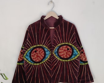 Evil Eye Velvet Jacket, Pure Velvet Jacket, Embroidered Suzani Unique Jacket, Bohemian Winter Wear Jacket, Personalized Gifts For Her