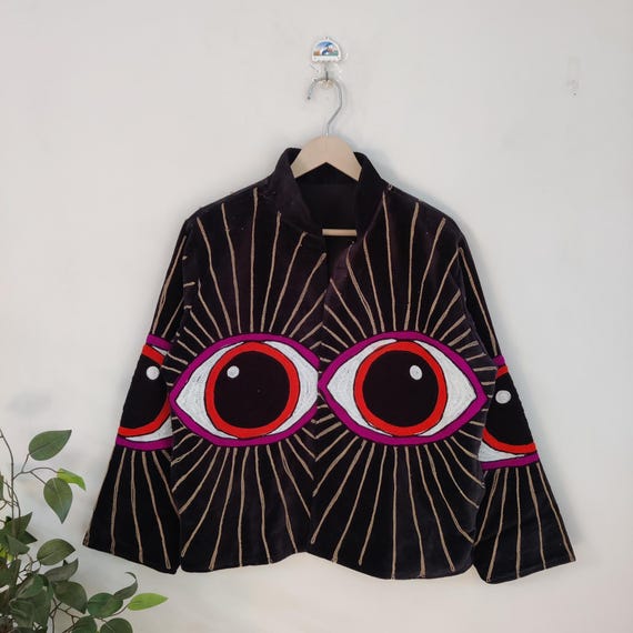Evil Eye Suzani Embroidered Velvet Short Jacket, Handmade Vintage