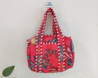 Small Cotton Quilted Tote, Boho Hand Block Printed Mini Shopping Bag, Beach Bag, Travel and Shoulder Tote Bags, Women Gifts, Sustainable Bag