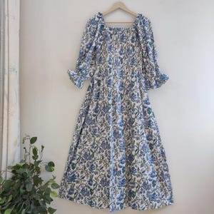 Vestido de algodón con estampado de bloques a mano, vestido largo para mujer, vestido largo con escote cuadrado y fruncido, vestido de verano de algodón, vestido único para mujer
