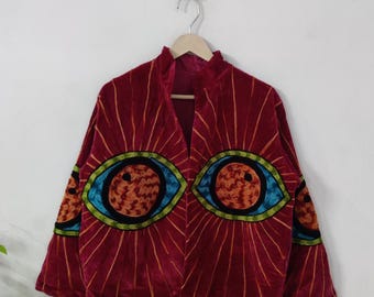 Spiritual Evil Eye Protection Coat, Eye Embroidery Suzani Jacket – Bohemian Handmade Embroidery Outerwear, Festival & Artistic Suzani Jacket