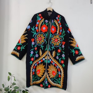 Suzani Hand Embroidered Long Kimono, Winter Warmed Coat For Women, Latest Cotton Suzani Coat Jacket,Multi Color Embroidered Long Kimono Robe