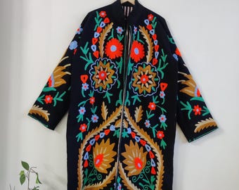 Suzani Hand Embroidered Long Kimono, Winter Warmed Coat For Women, Latest Cotton Suzani Coat Jacket,Multi Color Embroidered Long Kimono Robe