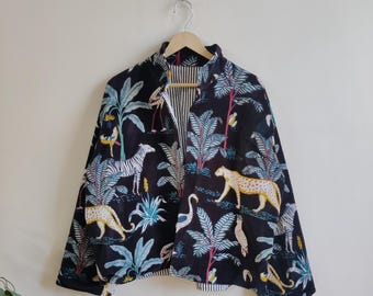 Jungle Print Velvet Kimono Jacket, Morning Tea Velvet Coat, Bridesmaid Robe, Women Wear Cotton Velvet robe, Velvet Jacket Velvet Bridal Robe