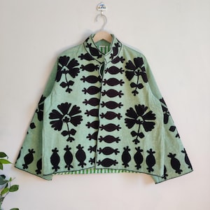 Jaqueta Suzani Verde Menta - Jaqueta Boho Bordada à Mão, Jaqueta Suzani Bordada, Jaqueta Curta Artesanal, Presente Excelente para qualquer ocasião