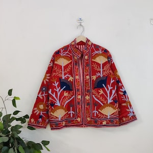 Suzani Embroidery Handmade Jacket, Red Velvet Suzani Jacket, Winter Wear Jacket Coat, Womens Coat, Suzani Jacket vintage short suzani jacket