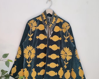 Velvet Suzani Embroidered Jacket: Boho Coat | Winter Wear Jacket | Kimono Robe | Short Jacket | Gift For her | Handcrafted Floral Design