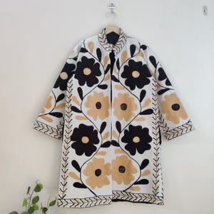 Indian Suzani Embroidery Long Jacket, Cotton Suzani Long Coat, Winter Wear New Vintage 70s Style Kimono Coat. Hippie Jacket, Handmade Jacket