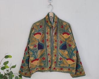 Velvet Hand Embroidered Suzani Jacket - Velvet Cotton Suzani Jacket, Velvet Fabric - Bohemian Women Suzani Coat - Embroidered Suzani Jackets