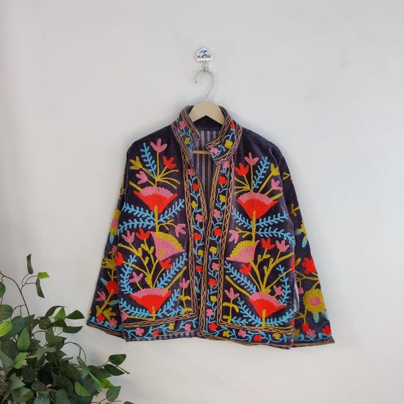 Boho Velvet Suzani Embroidery Jacket, Handmade Embroidery Soft Velvet Fabric Jacket,Women's Clothing Coat,Trending Cotton Velvet Suzani Coat
