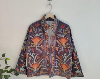 Suzani Embroidery Cotton Velvet Jacket, Kimono Jacket Handmade Soft TNT Fabric Jacket, Women's Clothing Coat Boho Jacket Spring Gift for Her