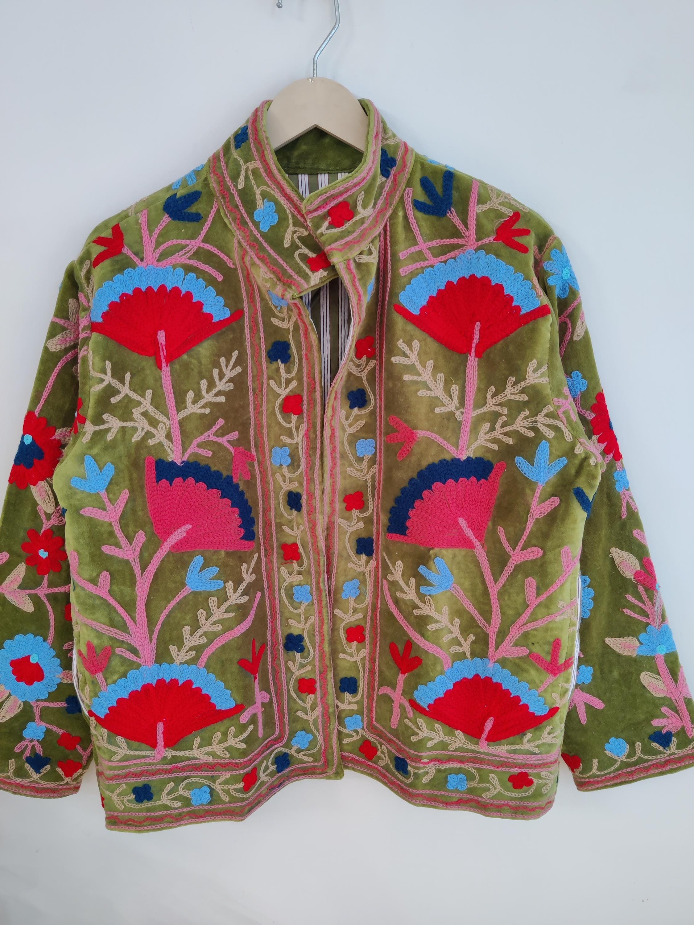 Velvet Suzani Hand Embroidery Jacket Coat, Green Women Wear Winter