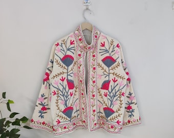 Handmade Suzani Embroidered Velvet Jacket: Boho Winter Coat