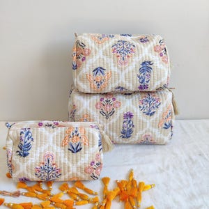 Bestseller, Set Of 3 Block Print Toiletry Bags, Handmade Cotton Makeup Bag, Floral Cosmetic Bag,Block Print Bag - Free Shipping, For Gift