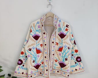 Velvet Suzani Embroidery Jacket, Winter Wear Jacket Coat, Women's Coat, Suzani Short Jacket, Velvet Fabric Suzani Jacket, Robe, Gift For Her
