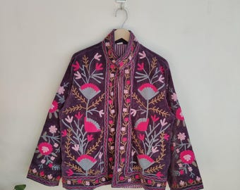 Indian Suzani Embroidery Jacket, Velvet Suzani Coat, Winter Wear Jacket Coat, Suzani Short Jacket, Velvet Hand Embroidered Jacket For Women