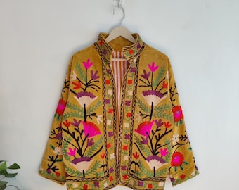 Indian Velvet Suzani Embroidery Jacket, Velvet Suzani Coat, Winter Wear Jacket Coat, Suzani Short Jacket, Hand Embroidered Jacket For Women,