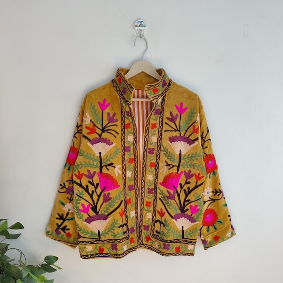 Indian Velvet Suzani Embroidery Jacket, Velvet Suzani Coat, Winter Wear Jacket Coat, Suzani Short Jacket, Hand Embroidered Jacket For Women,
