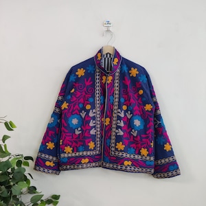 Chaqueta india con bordado suzani, abrigo suzani de algodón, chaqueta de invierno, chaqueta corta suzani popular, chaqueta bordada a mano para mujer