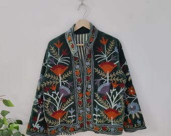 Suzani Embroidery Handmade Jacket, Velvet Suzani Jacket, Winter Wear Jacket Coat, Womens Coat, TNT Fabric Suzani Jacket, Robe, Gift For Her,
