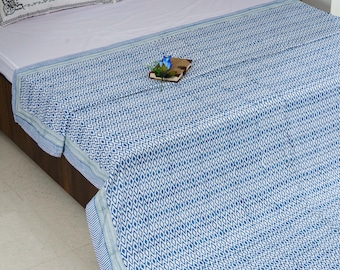 Colcha com estampa de blocos Jaipuri Blue Checks, estampa reversível Razai, colcha exclusiva de algodão feita à mão com estampa de blocos para decoração de casa, fácil de usar