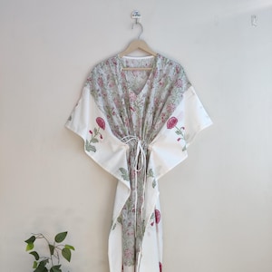 Indian Multi Floral Cotton Kaftan, Women Dress Long Caftan, Dress Beach Cover up, Hippie Hand Block Print Sleepwear Maxi Dress, Kimono Robes