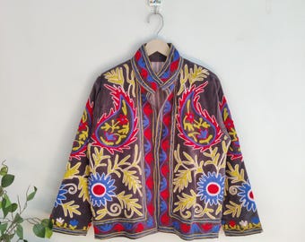 Suzani Embroidered Velvet Short Jacket, Handmade Vintage Jacket, Floral Suzani Jacket, Pure Velvet Jacket, Boho & Hippie, Gift For Her